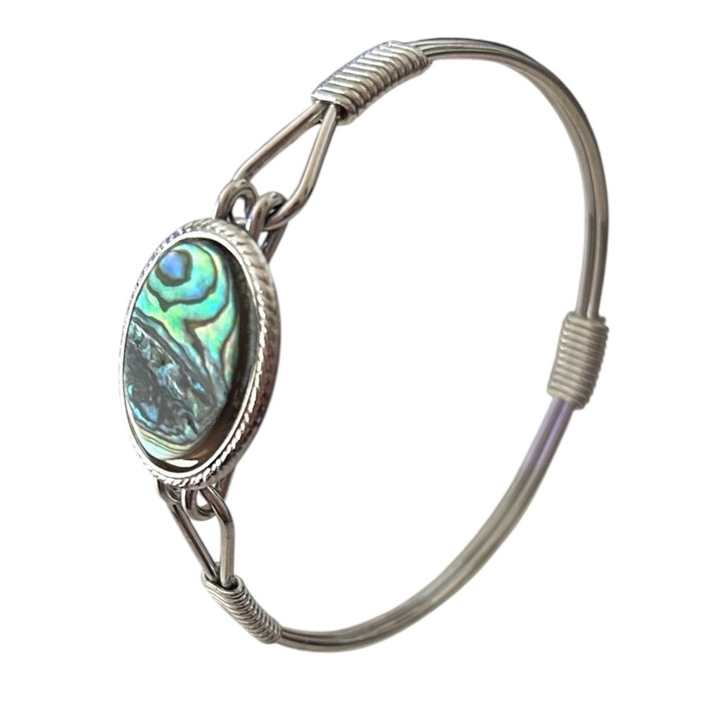 Vintage Abalone Shell Mother Of Pearl Silver Tone Hook Closure Bangle Bracelet